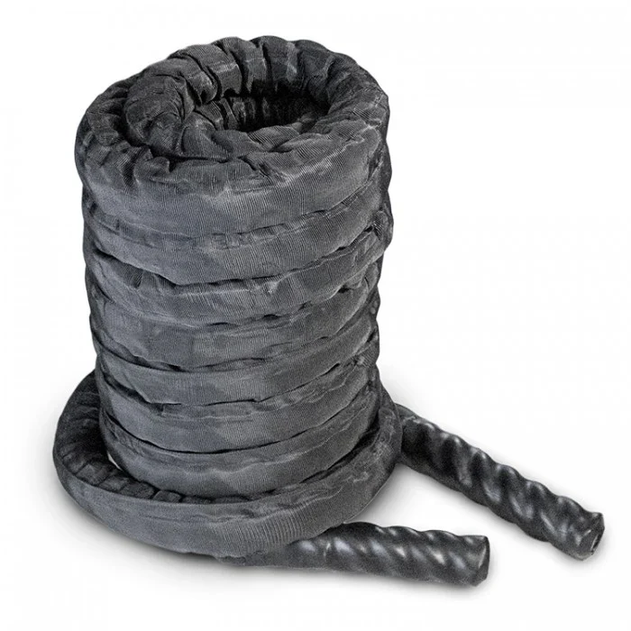 Black 1.5 inch battle rope 15m coiled with sleeved cover and heat-shrink end caps