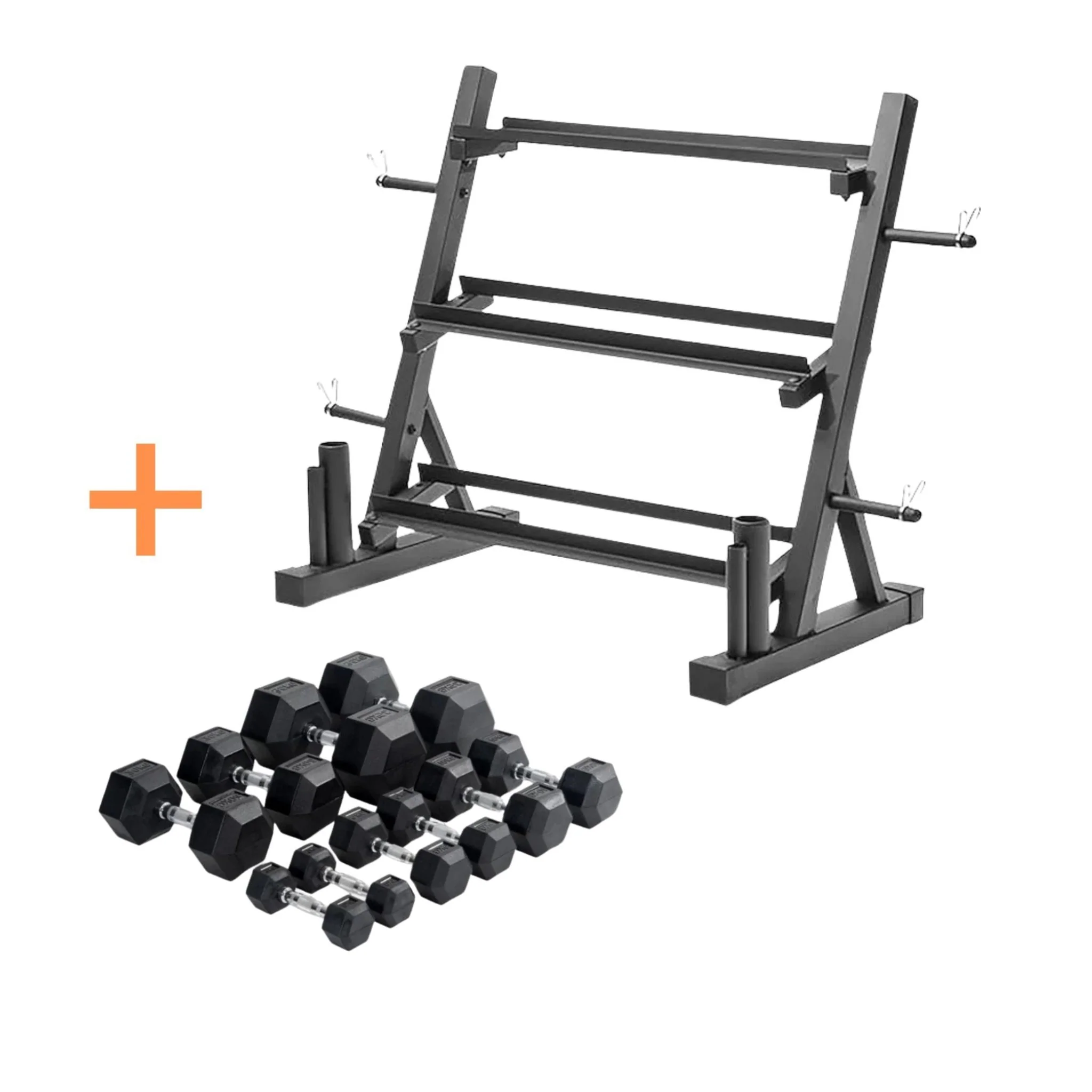 Commercial Hex Dumbbell Set (5kg–30kg) + 3-Tier Dumbbell Rack