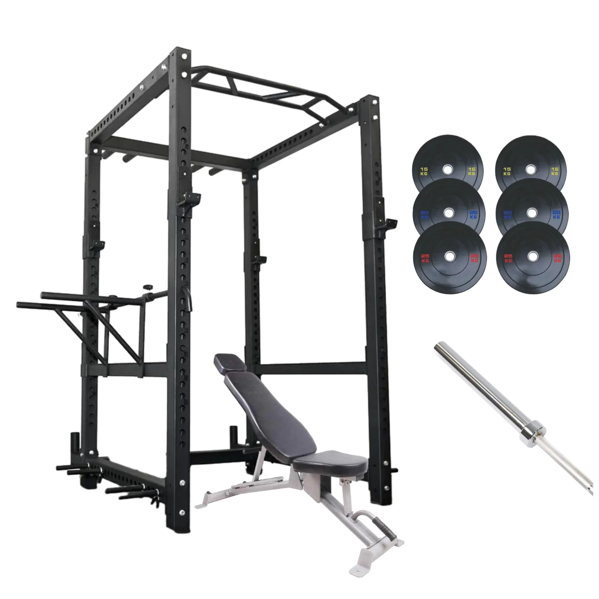 Complete Home Gym Package β Power Rack, Barbell, Bumper Plates & FID Bench